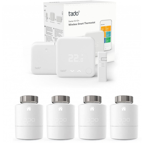Tado - Kit de démarrage V3+ - Thermostat Intelligent sans fil + 4x Têtes Thermostatiques Intelligentes - Quattro Pack Tado - 24ème Anniversaire Rue du Commerce Tado