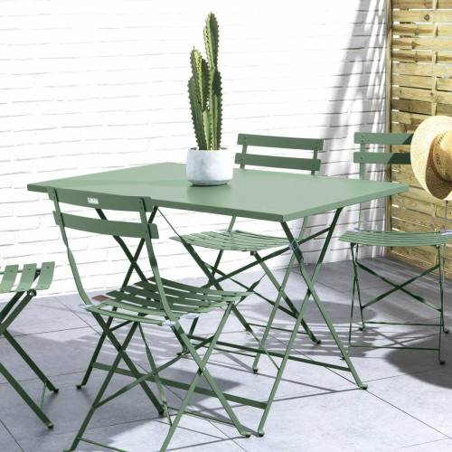 sweeek - Salon de jardin bistrot pliable Emilia rectangulaire vert de gris avec quatre chaises pliantes, acier thermolaqué | sweeek sweeek  - Ensembles tables et chaises