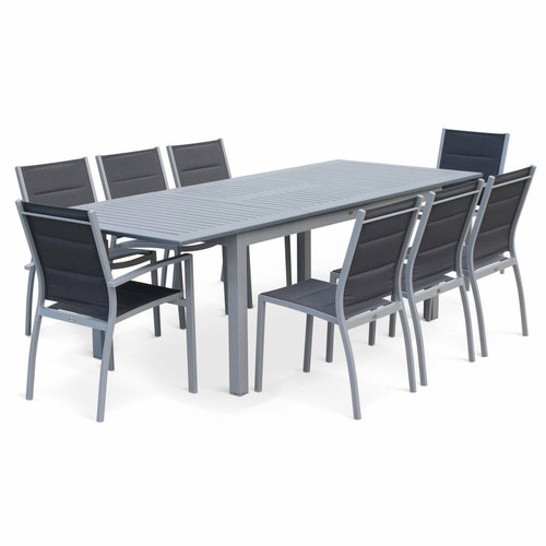sweeek - Salon de jardin Chicago 8 places table à rallonge extensible 175/245cm alu gris textilène gris | sweeek sweeek - Ensembles tables et chaises Aluminium