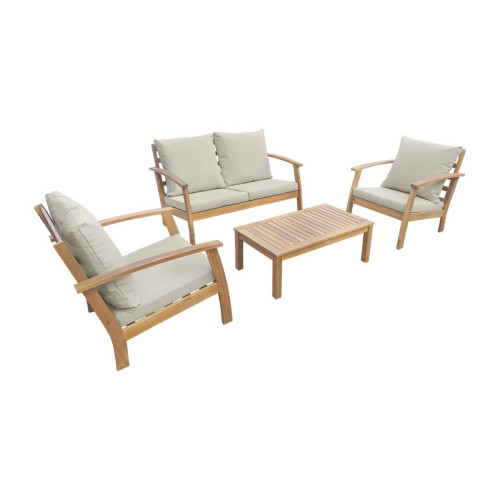 Ensembles canapés et fauteuils sweeek Salon de jardin en bois 4 places - Ushuaïa - Coussins écrus, canapé, fauteuils et table basse en acacia, design | sweeek