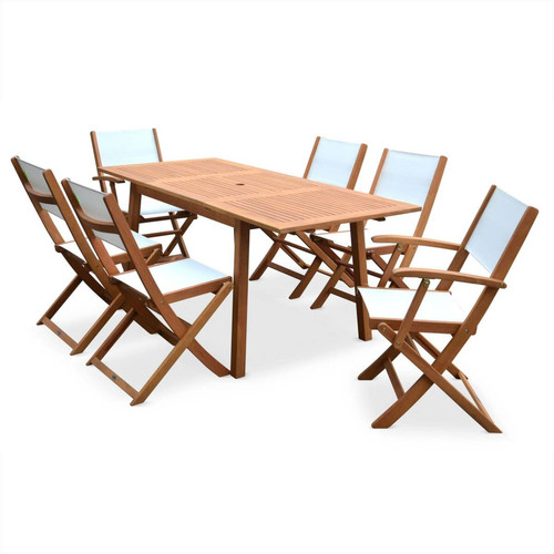 sweeek - Salon de jardin en bois Almeria, table 120-180cm rectangulaire, 2 fauteuils et 4 chaises eucalyptus  et textilène blanc | sweeek sweeek - Ensembles tables et chaises 6 places