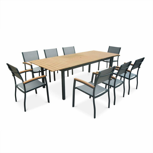 Ensembles tables et chaises sweeek Salon de jardin en bois et aluminium Sevilla, grande table 200-250cm rectangulaire avec allonge papillon, textilène gris taupe | sweeek