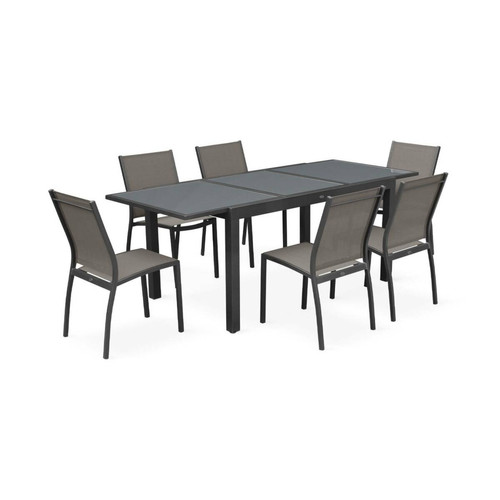 sweeek - Salon de jardin table extensible - Orlando Gris taupe - Table en aluminium 150/210cm et 6 chaises en textilène | sweeek sweeek - Meuble paiement en plusieurs fois