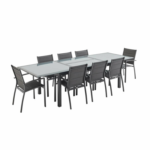 sweeek - Salon de jardin table extensible - Philadelphie Gris anthracite - Table en aluminium 200/300cm, 8 fauteuils en textilène | sweeek sweeek - Ensembles tables et chaises Aluminium
