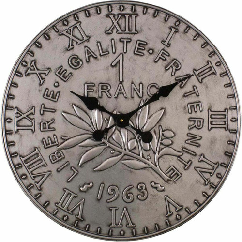 Antic Line Creations - Horloge en fer pièce de monnaie 60 cm 1 franc - Argent. Antic Line Creations  - Horloges, pendules