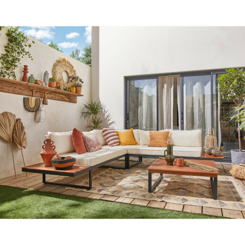 Ensembles tables et chaises Bestmobilier Yulara - salon bas d'angle de jardin 5 places - bois, métal et coussins beiges