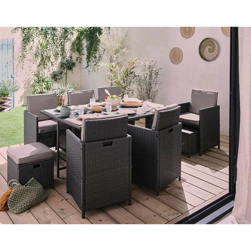Ensembles tables et chaises Bestmobilier Sunny - salon de jardin encastrable 10 places - en résine tressée, plateau polywood - avec housse de protection