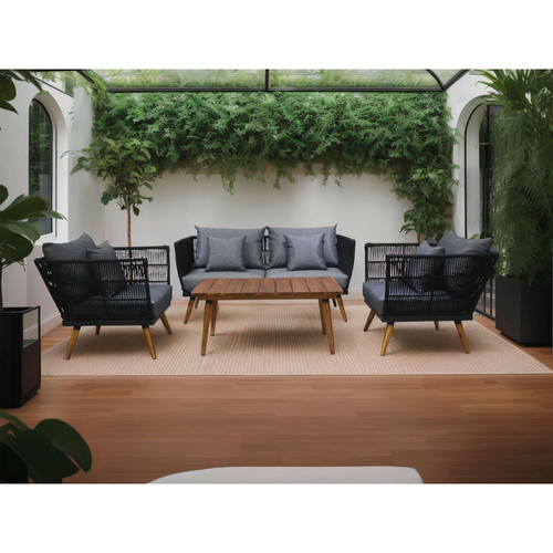 Bestmobilier - TIAGO - salon bas de jardin 4 places + table - corde et bois - noir et coussins gris Bestmobilier - Bronzez en toute sérénité