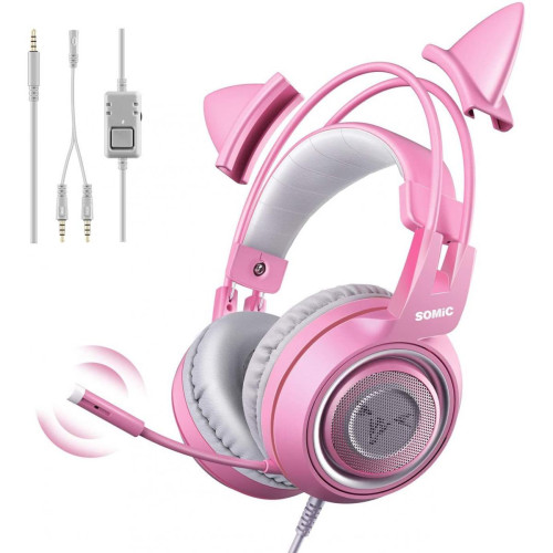 Casques de réalité virtuelle Chrono SOMIC G951s Casque de jeu stéréo rose avec micro pour PS4, Xbox One, PC, téléphone portable, 3,5 mm de son Casque d'écoute amovible pour chat Casque d'écoute léger et auto-ajustable pour femme（Rose）