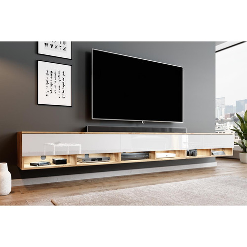 Meubles TV, Hi-Fi Furnix FURNIX Meuble tv / meuble tv suspendu Alyx 300 (3x100) x 32 x 34 cm style contemporain chêne wotan mat / blanc brillant sans LED