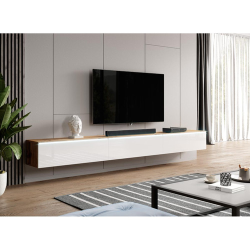 Furnix - Meuble tv debout / suspendu BARGO 300 (3x100) x 32 x 34 cm style contemporain chêne wotan mat / blanc brillant sans LED Furnix  - Meubles TV, Hi-Fi