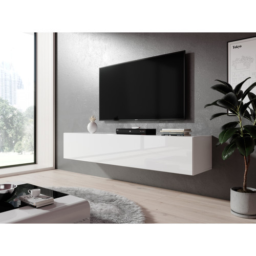 Meubles TV, Hi-Fi Furnix Meuble tv / meuble suspendu ZIBO 160 cm blanc mat / blanc brillant style moderne avec compartiments fermés
