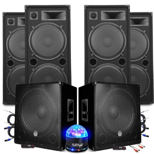 Packs DJ Gefroy Pack Sono BM SONIC MEGA BASSES Caissons bi-amplifié 18" 46cm 2x1200W , 4 Enceintes 4x2000W SONO DJ PRO CLUB MIX BAR, Light