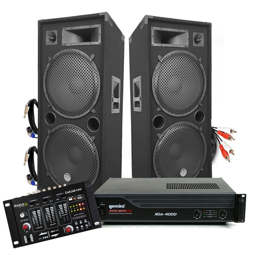 Packs DJ Gemini PACK ENCEINTES GEANTES AVEC AMPLI - 2x15"/38cm 4000W bassreflex BM SONIC + Ampli XGA 3000W avec Table de mixage Ibiza + CABLES