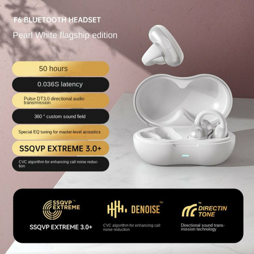 Ecouteurs intra-auriculaires Generic Conduction Osseuse Bluetooth 5.3 Casque Oreille Clip-On Wireless Sport Écouteur Réduction Du Bruit Casque Pearl White
