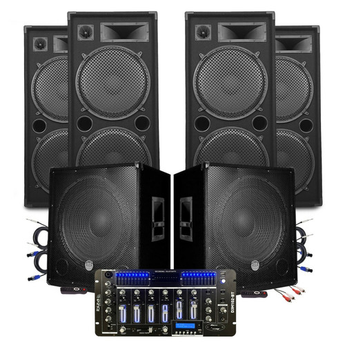 Packs DJ Koolstar Pack SONO MEGA BASSES Caissons bi-amplifié 18" 46cm 2x1200W 4 Enceintes 4x2000W, Table de Mixage IBIZA SONO DJ PRO CLUB MIX BAR