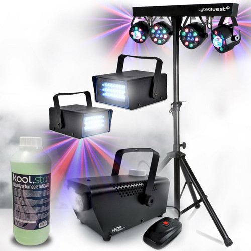 Effets à LED Koolstar Pack Lumières Xperformer Portique Eclairage soirée, Fête, avec 4 PAR /UV/FRIZTAL DMX 18 prog. +Machine à fumée et liquide inclus