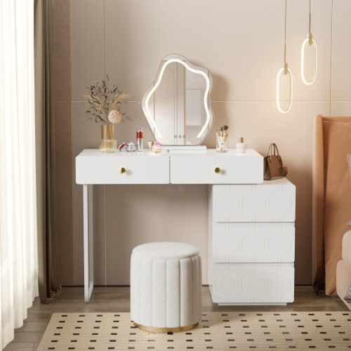 LBF - Coiffeuse, 5 tiroirs, sans miroir ni tabouret, meuble et pieds interchangeables gauche et droite, 90x 40 x 73,5 cm, motif vagues, style minimaliste, commode, blanc LBF - Chambre