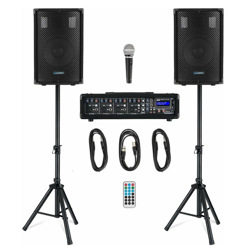 Packs DJ Mcgrey Système sonorisation complet McGrey BP-210 avec haut-parleurs 10", Supports, Table de mixage Bluetooth USB, Câblages, Microphone