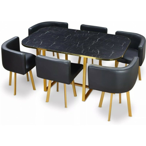 Meubler Design - Ensemble Table À Manger + 6 Chaises Encastrable Popup Xl - Marbre Noir Meubler Design - Tables à manger Non extensible