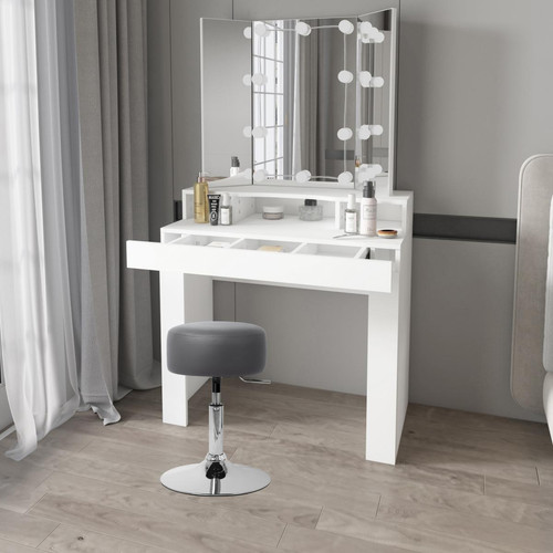 Coiffeuse ML design modern living Table de maquillage blanc coiffeuse avec 3 miroirs et LEDs + tabouret gris foncé