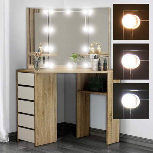 ML-Design - Table de coiffeuse maquillage sonoma avec miroir éclairage LED tiroirs étagères ML-Design - Chambre Blanc