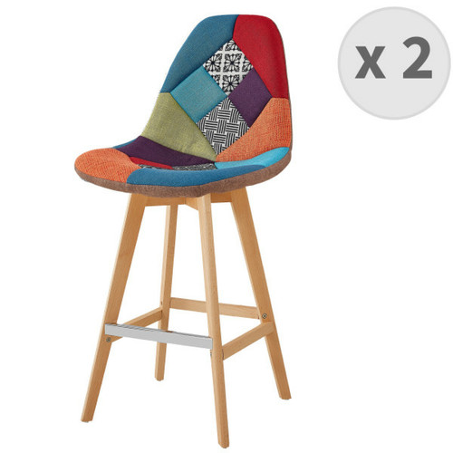 Tabourets Moloo OWEN - Chaise de bar scandinave tissu patchwork rouge pieds hêtre (x2)