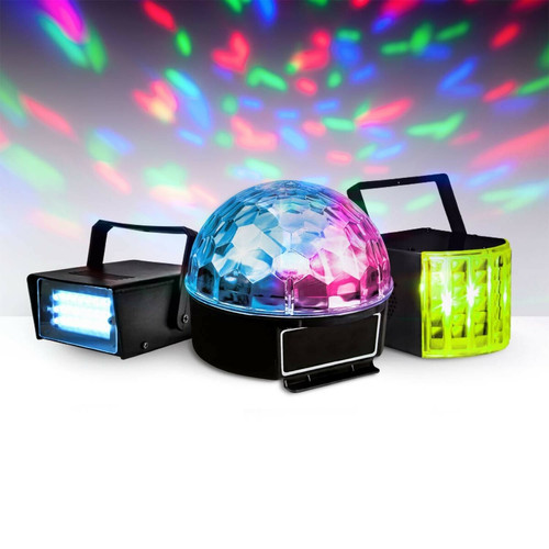 Party Light & Sound - Pack 3 jeux de lumière à LEDs - 1 Mini stroboscope + 1 Dôme ASTRO + 1 effet Derby Party Light & Sound  - Effets lumineux