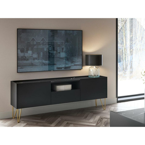 Meubles TV, Hi-Fi Pascal Morabito Meuble TV avec 2 portes, 1 tiroir et 1 niche - Noir, effet marbre noir et doré - PIOLUN de Pascal MORABITO