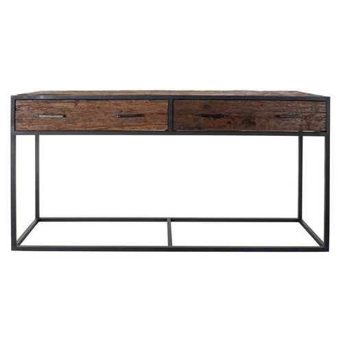 Consoles Pegane Table console en bois recyclé coloris naturel et métal noir - Longueur 150 x Profondeur 43 x hauteur 77 cm