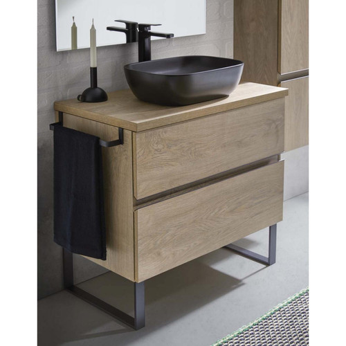meuble bas salle de bain Pegane Meuble de salle de bain avec 2 tiroirs couleur chêne nordique + vasque à poser - Longueur 100 x Hauteur 87,5 x Profondeur 46,5 cm