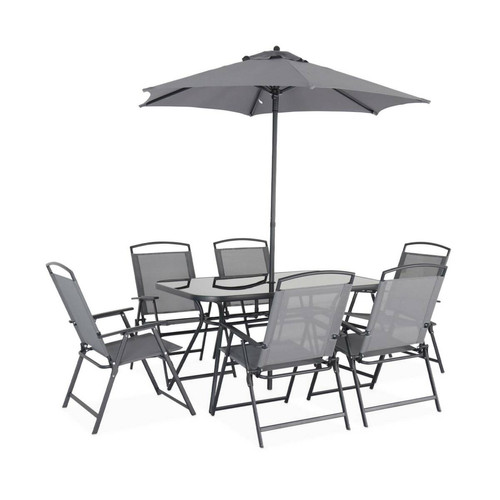 sweeek - Table de jardin avec 6 fauteuils et 1 parasol  | sweeek sweeek - Ensembles tables et chaises 6 places