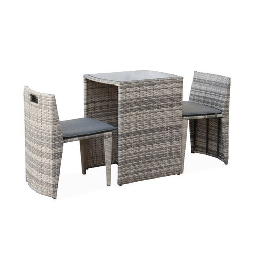 Ensembles tables et chaises sweeek Salon de jardin en résine tressée nuances de gris encastrable Doppio, pour balcon et terrasse | sweeek