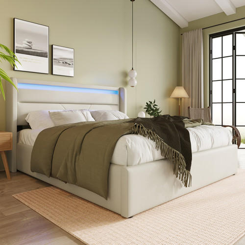 Literie de relaxation Sweiko Lit LED double 140x190 cm avec sommier, tête de lit confortable, lit 1 place revêtement synthétique blanc