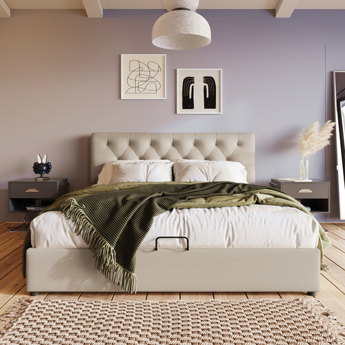 Literie de relaxation Sweiko Lit double avec sommier, tête de lit confortable et réglable avec rangement Blanc cassé 140x200 cm