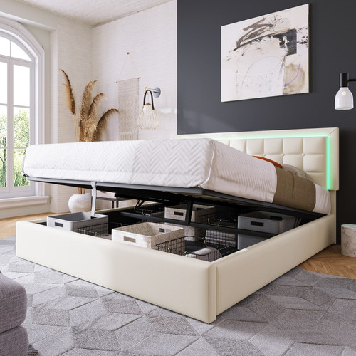 Cadres de lit Sweiko Lit LED adulte Lit coffre Cadre de lit avec espace de rangement  Lit simple 140x200 cm Blanc