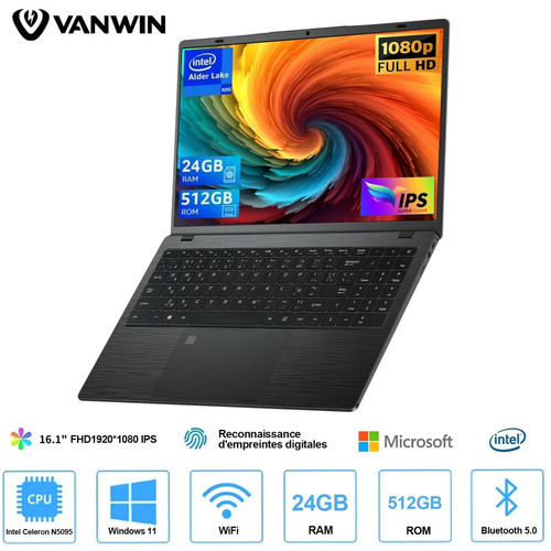 VANWIN - PC portable - 16.1"FHD+ - 24 Go de RAM 512 Go SSD Intel Celeron N5095 (2,0 GHz) - Windows 11 PRO - Rotation à 170°- AZERTY VANWIN - PC Portable Non tactile