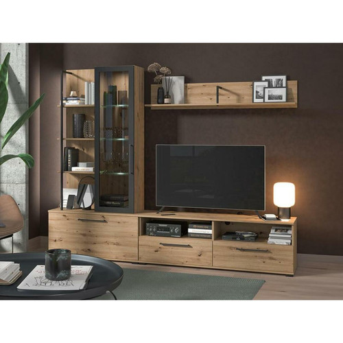 Meubles TV, Hi-Fi Vente-Unique Mur TV DUBLIN avec rangements - Coloris: Chêne & noir