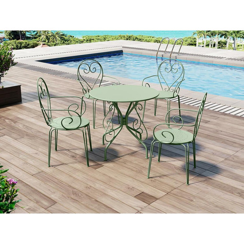 Ensembles tables et chaises Vente-Unique Salle à manger de jardin en métal façon fer forgé : une table et 4 fauteuils - Vert amande - GUERMANTES de MYLIA