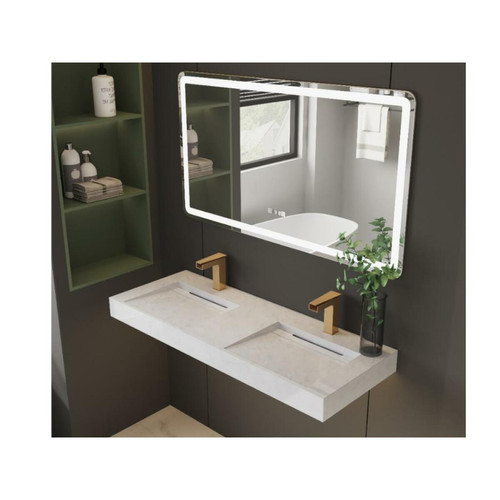 Vente-Unique - Double vasque suspendue en solid surface effet marbre blanc -  KODIAK - L120.2 x l45.2 x H8 cm Vente-Unique - Plomberie Salle de bain