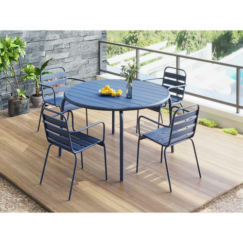 Ensembles tables et chaises Vente-Unique Salle à manger de jardin en métal - une table D.110cm et 4 fauteuils empilables - Bleu nuit - MIRMANDE de MYLIA
