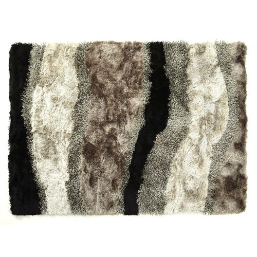 Tapis Vente-Unique Tapis shaggy à poils longs - tufté main - Taupe, blanc et noir - 140 x 200 cm - ECUME