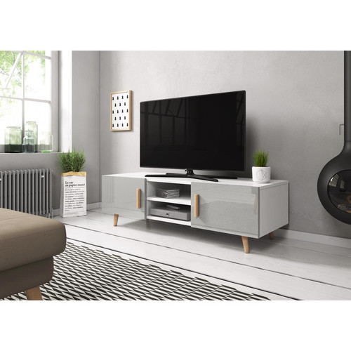 Meubles TV, Hi-Fi Vivaldi VIVALDI Meuble TV - SWEDEN 2 - 140 cm - blanc mat / gris brillant - style scandinave