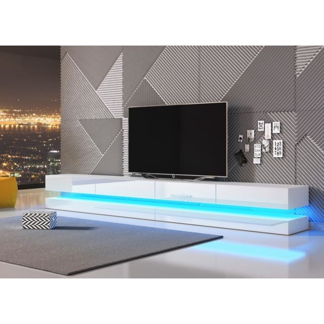 Meubles TV, Hi-Fi Vivaldi VIVALDI Meuble TV - FLY DOUBLE - 280 cm - blanc mat / blanc brillant +LED - style moderne