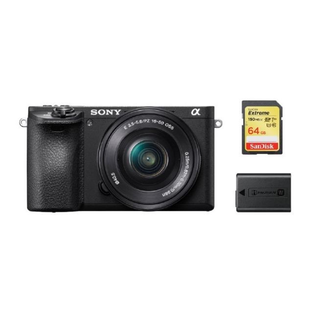 Reflex Grand Public Sony SONY A6500 Black + SEL 16-50MM F3.5-5.6 OSS Black (White Box) + 64GB SD card + NP-FW50 Battery