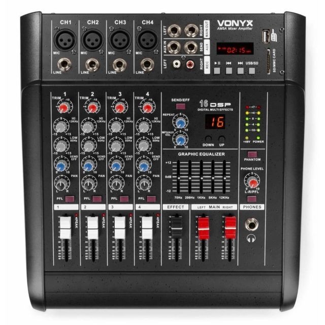 Vonyx - VONYX AM5A - Table de mixage 5 canaux • Avec amplificateur intégré • Avec technologie sans fil Bluetooth • Lecteur MP3 avec port USB et insert carte SD • 16 effets digitaux • Entrée ligne RCA Vonyx - Vonyx