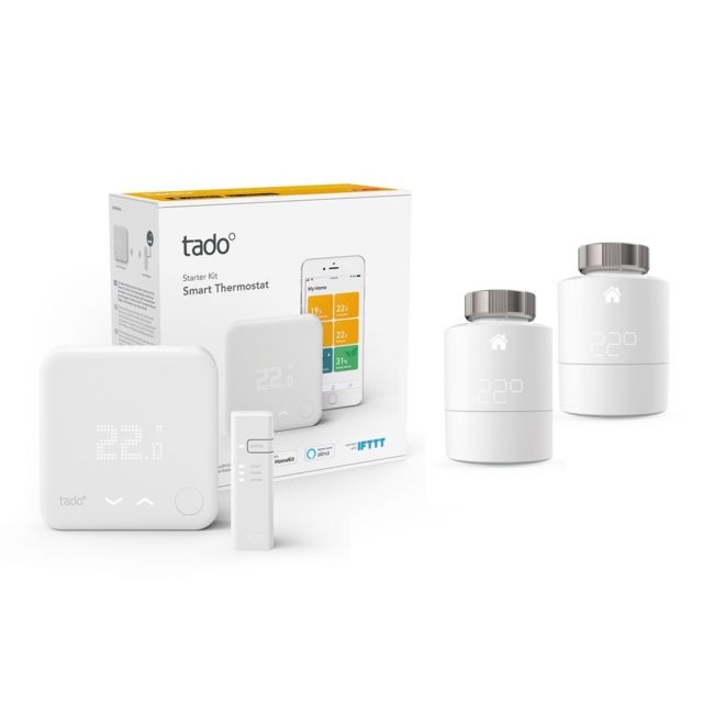 Tado - Kit de démarrage V3+ - Thermostat Intelligent + Bridge Internet + 2 têtes thermostatique Tado - Chauffage connecté