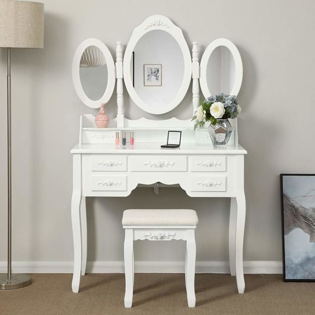 Coiffeuse Songmics SONGMICS Coiffeuse Table de maquillage blanche avec 3 miroirs rabattables, 7 tiroirs et 1 tabouret 90 x 40 x 145 cm (L x l x h) RDT91W